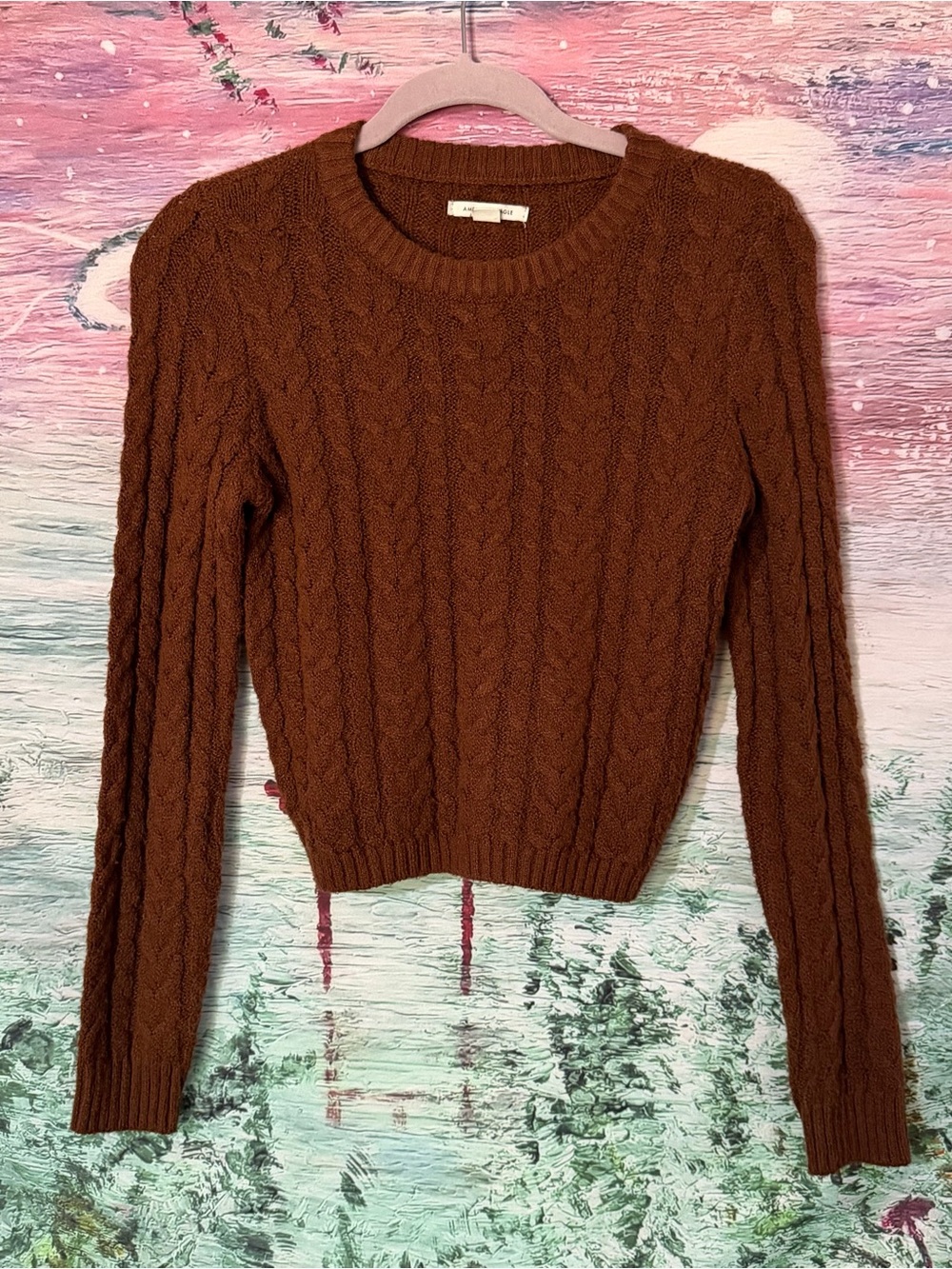 Cable Knit Crewneck Sweater - Brown